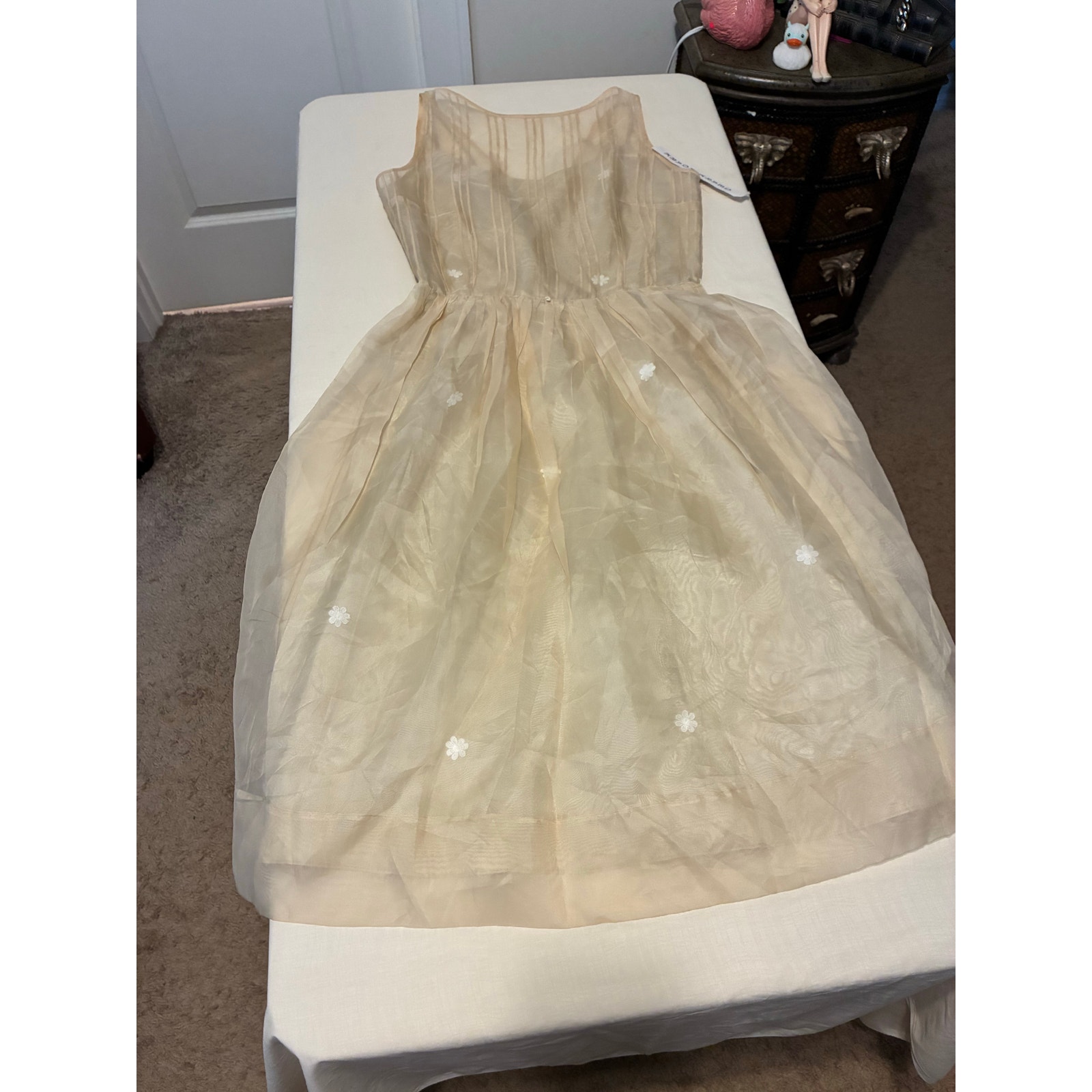 Vintage Geary Roark Ivory Organza Dress Sheer Overlay Floral Size 4 Wedding